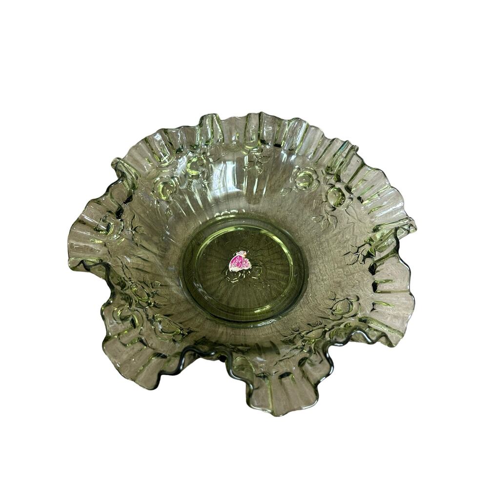 Fenton Serving Bowl Olive Green Cabbage Rose Pattern Crimped & Ruffled Rim